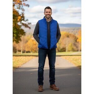 Asics Reversible Mens Medium Fleece & Nylon Vest Gray/Blue Sleeveless Zip-Up War